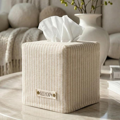 Stylish Tissue Box Cover - This Beige Striped Linen Holder Instantly Covers Your Square Tissue Boxes - The Perfect Cube Cover for Your Bathroom and Home