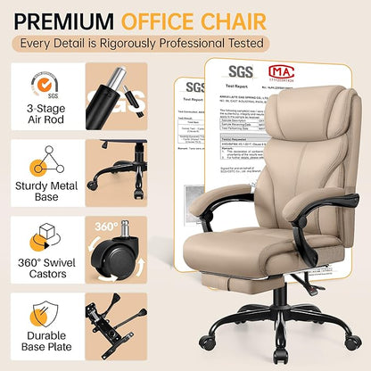 Office Chair, Executive Big and Tall Leather Desk Chairs with Footrest, Ergonomic Breathable Computer Chair with Adjustable High Back, Lumbar Support Swivel PC Chairs with Rocking Function