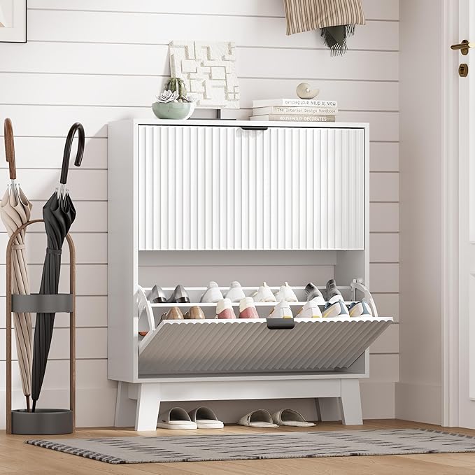 Shoe Cabinet Storage for Entryway with 2 Flip Drawers, Fluted Narrow Shoe Organizer with Wooden Legs, Freestanding Slim Shoe Storage Hidden Shoe Rack Organizer for Front Door Entrance, White