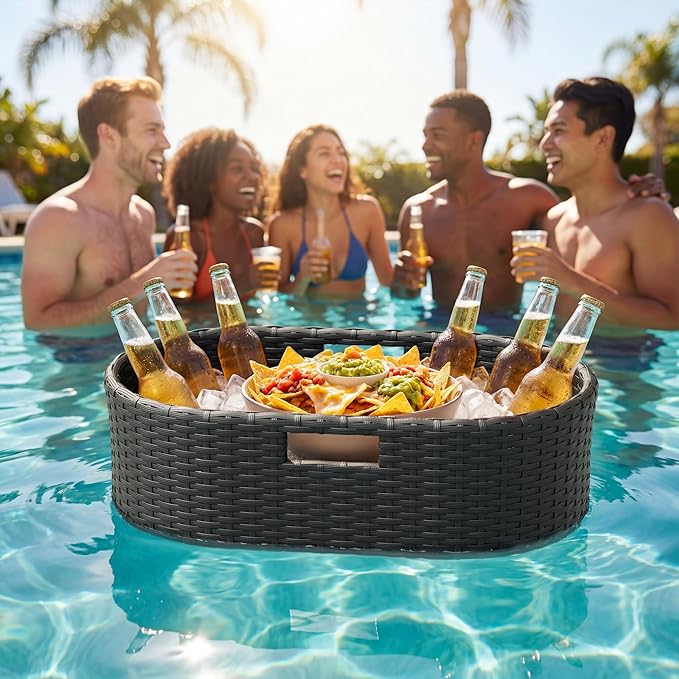 Greesum Wicker Pool Floating Tray, 26”x15” Oval Portable Serving Tray for Holding Fruits, Drinks & Essentials, Suitable for Pool Activities, Bathtub, Hot Tub, Beach Parties, Black