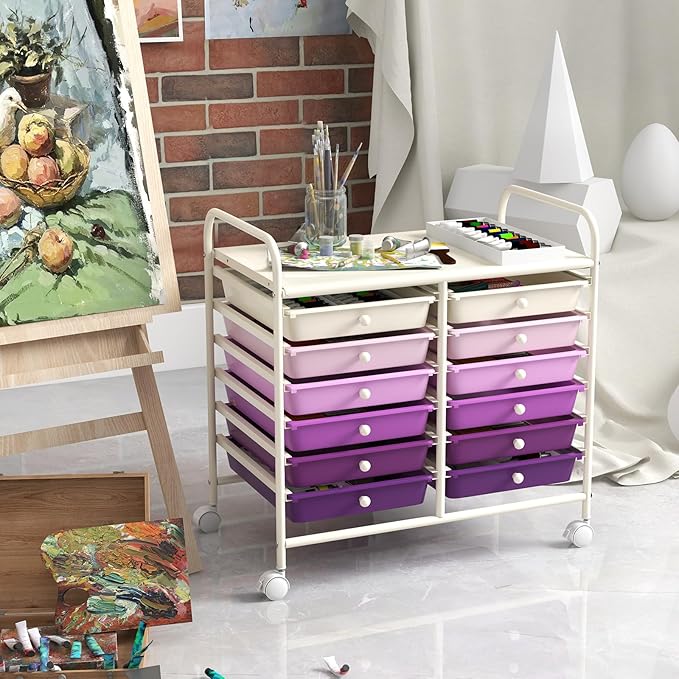GOFLAME 12-Drawer Rolling Storage Cart, Multifunctional Art Craft Organizer Cart, Mobile Utility Storage Cart with Removable Drawers & Lockable Wheels, Craft Cart for Home Office, Purple Gradient
