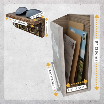 eBun Narrow Wood Mail Holder 2-Pack with 12 Key Hooks | Wall Mount, No-Drill Magnetic, Vertical Mail & Bills Slot, Entryway Decor