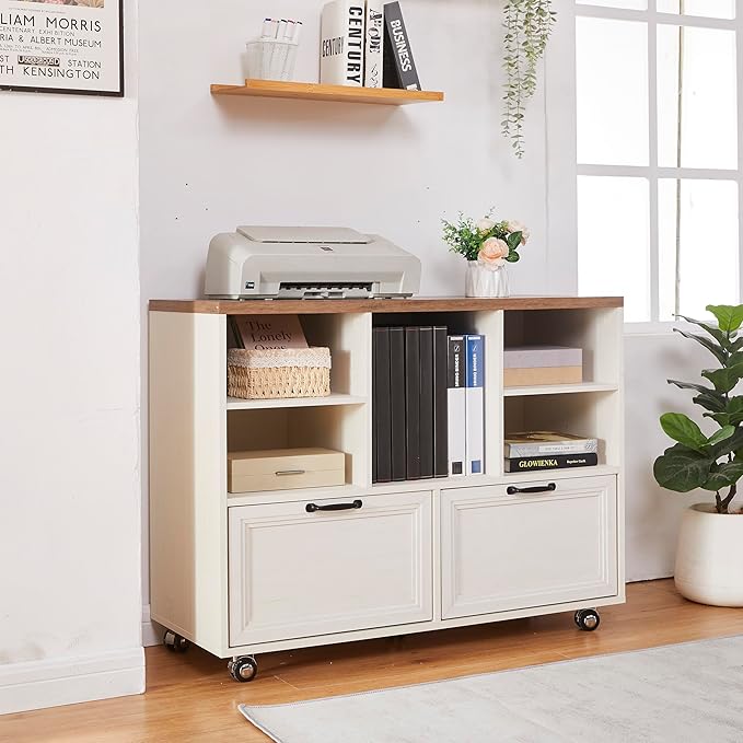 40" Farmhouse File Cabinet,Lateral File Cabinet with Wheels,Wood File Cabinet with shelve,Filing Cabinet with 2 Drawers for Legal/Letter/ A4 Size (White)