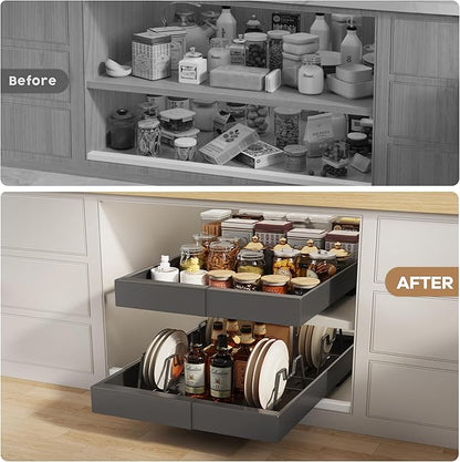 Seinloes 2 Pack Pull out Cabinet Organizer 21" Deep With Raising Pad for Framed Cabinets, Expandable (9"-14" W) Slide out Drawers for Kitchen Cabinets with 4pcs Divider Racks, Roll out Shelves, Black