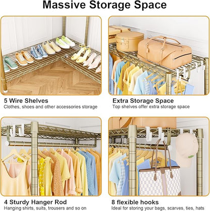 E15 Pro Garment Rack L Shaped Clothes Rack for Corner，Freestanding Clothing Racks for Hanging Clothes，Heavy Duty Closet System with 4 Hanging Rods & 8 S Hooks，48.8"W x 15.8"D x 78.4"H，Gold