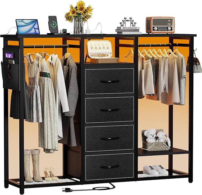 Dresser with Hanging Clothes Rack, 4 Drawers Dresser for Bedroom with LED Lights and Charging Station, Fabric Storage Chest of Drawers for Closet with Clothes Rack Bedroom Kid’s Room, Metal, Black
