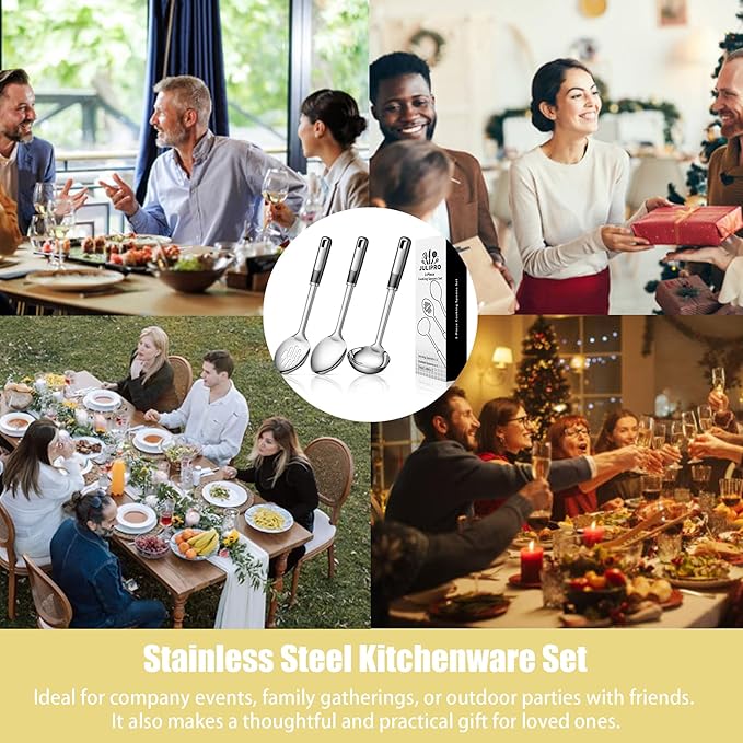 3-Piece Stainless Steel Serving Spoons Set – Includes Slotted Spoon, Serving Spoon & Soup Ladle, Heat-Resistant, Dishwasher Safe, Ergonomic Handles for Home & Commercial Use