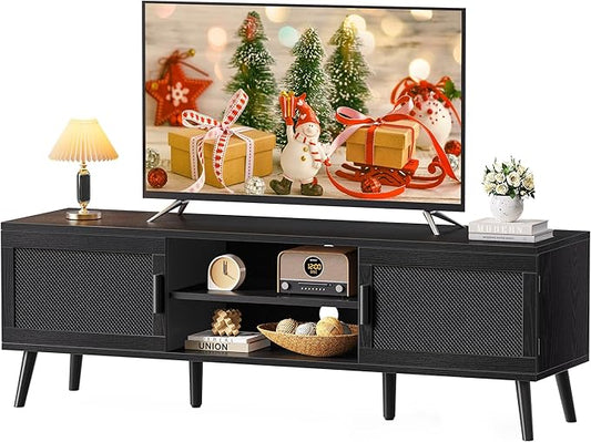 SUPERJARE TV Stand for 65 Inch TV, Entertainment Center with Adjustable Shelf, TV Console with 2 Cabinets, Media Console, Solid Wood Feet, 4 Cord Holes, for Living Room, Black