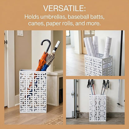 BEWBBAT Umbrella Holder Stand for Entryway, Square Metal Umbrella Rack, Freestanding Rectangular Hollow Rack for Home Office, 16 x 10 x 5 Inch, White