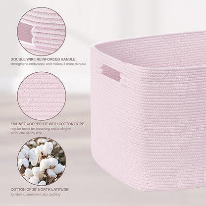 SunNewt 45L Small Baby Girls Laundry Basket for Nursery Storage,Cute Woven cotton Rope Baskets for Kids Toy，Gifts, Boho Square Wicker Blanket hamper for Living Room,Bedroom Dirty Clothes,Pink