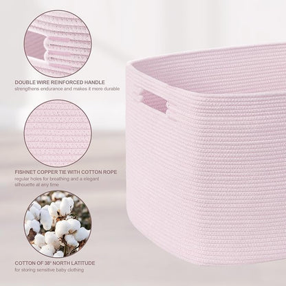 45L Small Baby Girls Laundry Basket for Nursery Storage,Cute Woven cotton Rope Baskets for Kids Toy，Gifts, Boho Square Wicker Blanket hamper for Living Room,Bedroom Dirty Clothes,Pink
