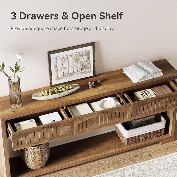 LITTLE TREE 70.8-Inch Long Console Table with 3 Drawers, Narrow Farmhouse Entryway Table for Hallway, Entry, Behind Couch, Living Room, Sofa, Entrance, Foyer with 2-Tier Shelves, Rustic Brown