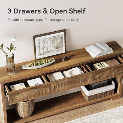 LITTLE TREE 70.8-Inch Long Console Table with 3 Drawers, Narrow Farmhouse Entryway Table for Hallway, Entry, Behind Couch, Living Room, Sofa, Entrance, Foyer with 2-Tier Shelves, Rustic Brown