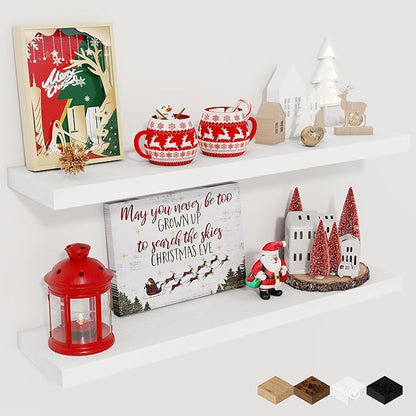Fun Memories Floating Shelves for Wall, 27.5" Rustic Wood Deep Wall Mounted Shelves with Invisible Brackets for Decor & Storage, Floating Shelf for Living Room, Bathroom (White, Set of 2)