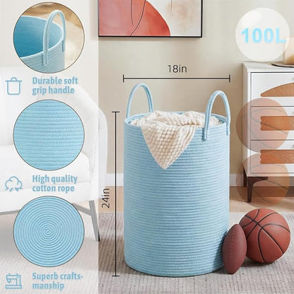 Laundry Basket,Woven Cotton Rope Laundry Hamper,100L for Decor Storage of Dirty Clothes,Toys and Blankets in Bathroom,Baby Room and Living Room