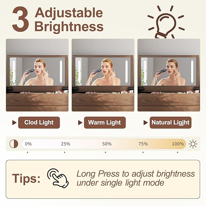 Wood Vanity Desk with Mirror and Lights, Dressing Vanity Table Vanity Set 4 Drawers, 40 Inch Large Make Up Vanity Table Wooden with 3 Lighting Modes for Bedroom Walnut(with Adapter)