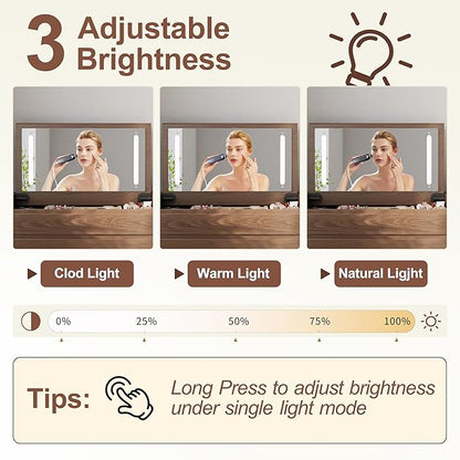 Wood Vanity Desk with Mirror and Lights, Dressing Vanity Table Vanity Set 4 Drawers, 40 Inch Large Make Up Vanity Table Wooden with 3 Lighting Modes for Bedroom Walnut(with Adapter)