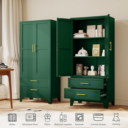 Steel Pantry Cabinet, 71" Metal Storage Cabinets with 2 Doors, 2 Adjustable Shelf and 2 Drawers, Freestanding Storage Cabinet for Bedroom, Kitchen, Home Office (Green)