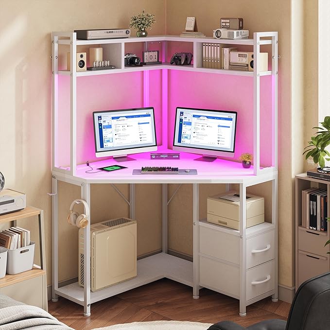 Corner Desk,35.4" W x 63" H Small Computer Desk and Office Desk with Hutch & LED Lights，Gaming Desk with Storage Drawers & Shelves and Hook for Small Space，White