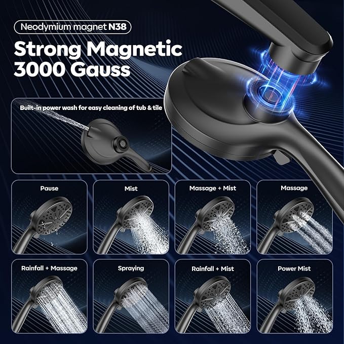 Shower Head with filtered Handheld High Pressure daul Shower Heads with Handheld Spray Combo and 10 Sprays Handheld Shower Head Detachable Shower head Built-in Magnetic Docking and Power Jets Black
