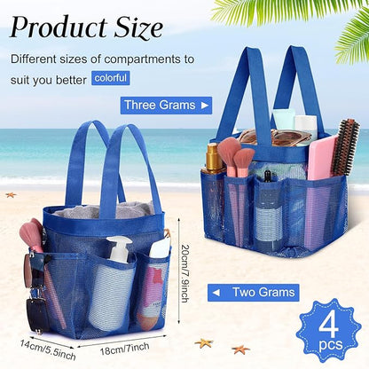 Hillban 4 Pcs Mesh Shower Caddy Portable Shower Caddy for Dorm Beach Mesh Bags with Deeper 8 Pockets and Handles Showers Caddies Basket for Women College Room Vacation(Navy Blue)