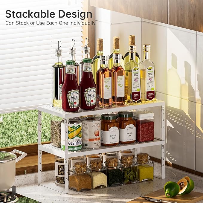 Cabinet Shelf,Expandable Adjustable Stackable Kitchen Organizer,for cabinets, Kitchens, countertops, bathrooms Shelf Organizer(2Packs/White,Large)