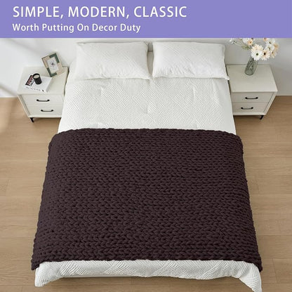 Bigacogo Chunky Knit Throw Blanket for Couch, 40x80 inches, 100% Hand Knitted with Thick Jumbo Chenille Yarn, Cozy Soft Large Rope Knot Cable Crochet Blankets for Sofa Bed Living Room, Chocolate
