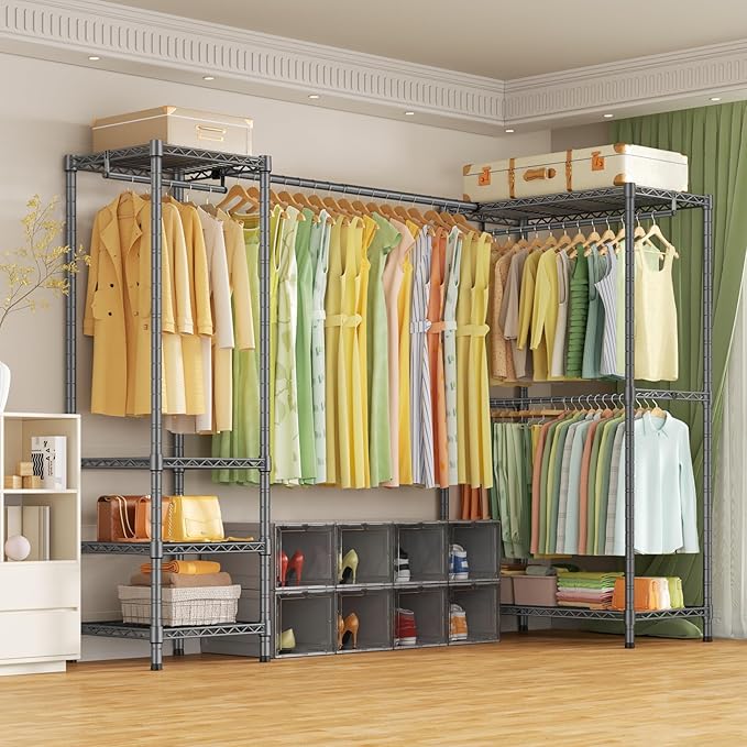 E10L L-Shaped Clothes Rack for Corner（With Expandable Hanger Rod）Heavy Duty Freestanding Clothing Racks for Hanging Clothes，Portable Garment Rack 58-82"W x 30"D x 72"H，Max Load 900LBS，Grey
