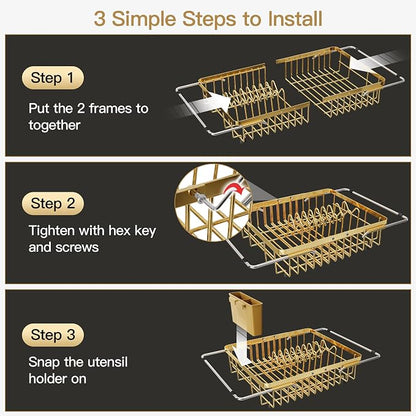 JASIWAY Gold Expandable Stainless Steel Dish Drying Rack Over The Sink for Small Kitchen, Counter Space Saving Compact Plate Drainer Strainer, Adjustable Hanging Metal Dish Dryer with Utensil Holder