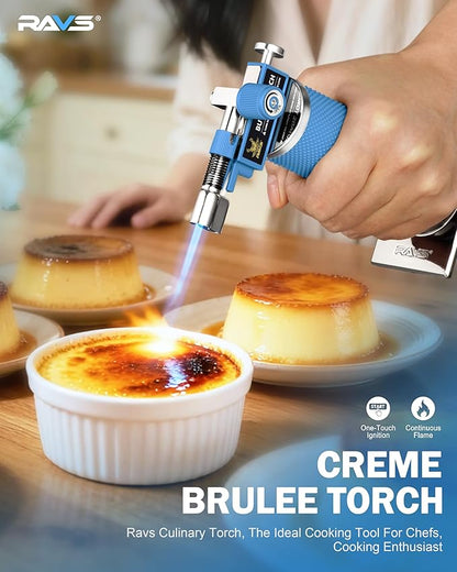 RAVS DUAL Flame Mode Butane Torch, Refillable Kitchen Torch Lighter for Creme Brulee, BBQ, DIY Soldering with Adjustable Flame & Safety Buckle, Metal Body, Blue Soldering Torch, Butane is Not Included