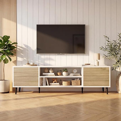 JUMMICO Mid-Century Modern TV Stand for 65-70 Inch TVs, 63 Inch Media Console with Storage, Entertainment Center with Push-Open Cabinets and Cable Management for Living Room (Oak, 63 Inches)