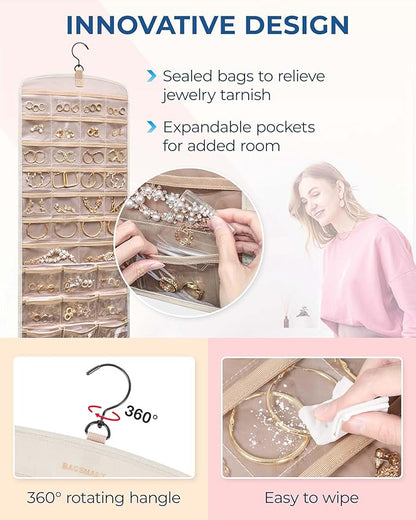 BAGSMART Hanging Jewelry Organizer, Necklace Holder Anti-tangle Earrings Rings Hanger with Pockets Hang on Closet, Wall, Door,1 Piece, Large Beige