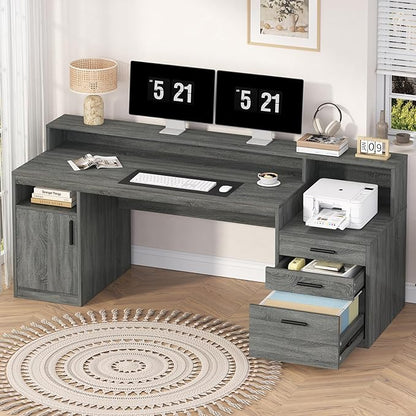 Executive Computer Desk with 3 Drawers & Storage Shelves, 65 Inch Home Office Desk with File Drawer & Cabinet, Writing Study Desks with Monitor Stand & Printer Shelf, Dark Grey
