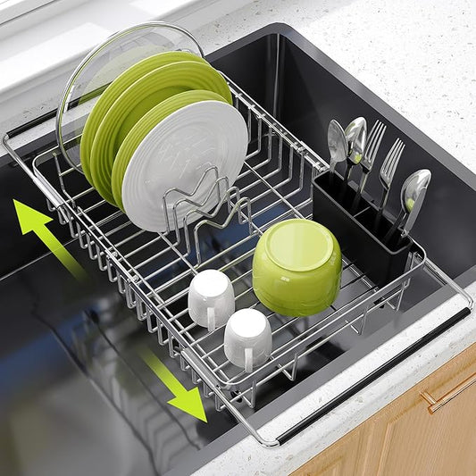 JASIWAY Dish Drying Rack in Sink, Expandable Stainless Steel Dish Drainer for Kitchen Sink, Dish Strainer Rack, Retractable Over Sink Dish Rack with Utensil Holder, 13.4''~16.9''D x 11.8''W, Silver