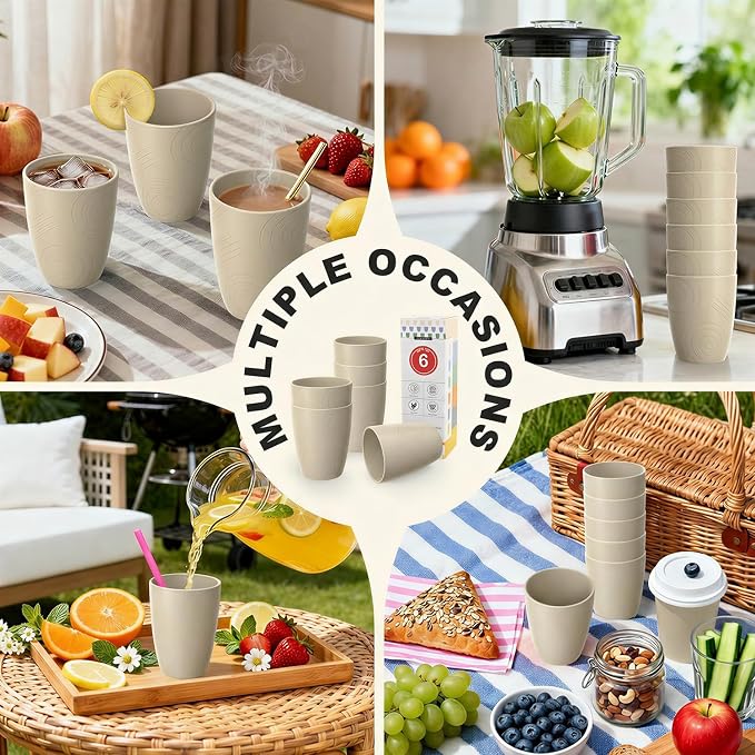 Unbreakable Wheat Straw Cups, Alternative to Plastic Cups Set 6 PCS, 16 OZ Drinking Cups Reusable, Dishwasher Safe Tumblers & Water Glasses for Kitchen RV Party Outdoor, Beige