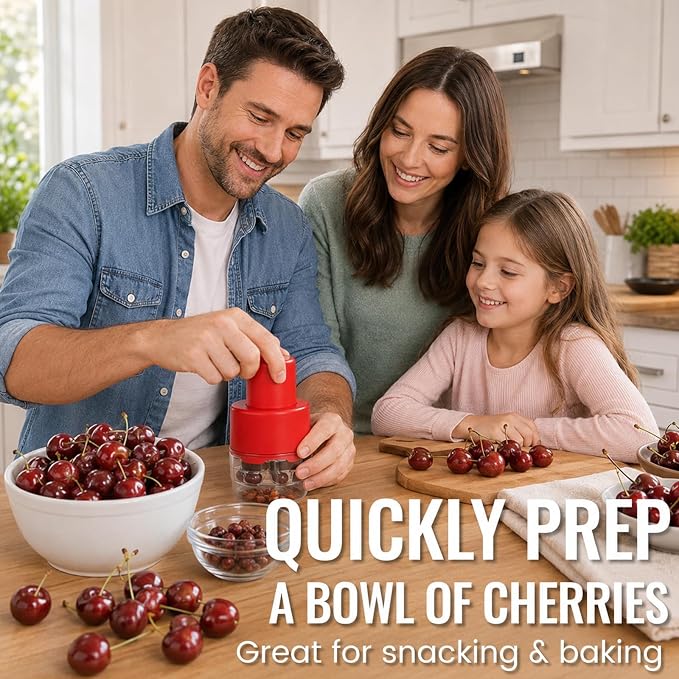 CUNSENR 7-in-1 Cherry Pitter Tool for 7 Cherries at Once, Large Capacity Cherry Corer & Cherry Seed Remover with Splash Guard, Easy Push Fruit Pitter for Cherries, Olives, Red Dates, Red