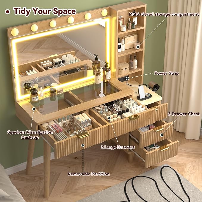 43" Fluted Makeup Vanity Desk with 32" Mirror and Lights, Modern Glass Top Large Vanity Table with 5 Drawers and 3 Storage Shelves, Dressing Table Set with Charging Station for Bedroom-Gold