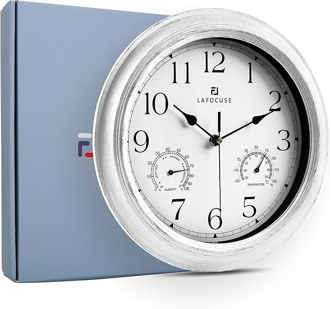 Lafocuse White Outdoor Wall Clocks Waterproof for Patio with Thermometer, 12 Inch Hygrometer Wall Clock for Kitchen Bathroom Garage