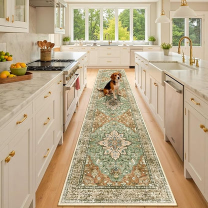 RELEANY Area Rugs Runner 3'x10' Washable Non-Slip, Floral Vintage Distress Medallion Carpet for Kitchen Hallway Bedroom Beside Laundry Room Bathroom, Terracotta Burnt Orange Green