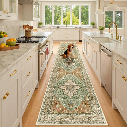 RELEANY Area Rugs Runner 3'x10' Washable Non-Slip, Floral Vintage Distress Medallion Carpet for Kitchen Hallway Bedroom Beside Laundry Room Bathroom, Terracotta Burnt Orange Green