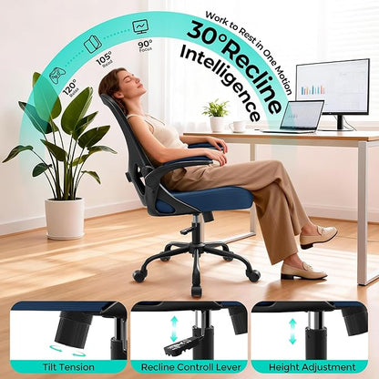 Office Chair - Ergonomic Breathable Mesh Desk Chair with Adjustable Lumbar Support and Flip-up Armrests - Executive High Back Rolling Swivel Comfortable Computer Gaming Chair for Home Office