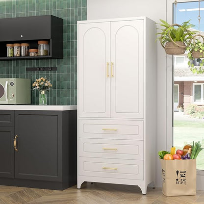 Metal Kitchen Pantry Cabinet with 3 Drawers，75 Inch White Food Pantry Cabinets for Kitchen Storage with 2 Adjustable Shelves,Tall Storage Cupboard for Living Room,Dining Room Office