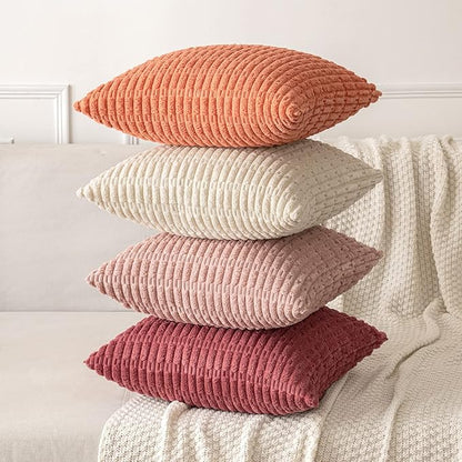 MIULEE Pack of 2 Corduroy Decorative Throw Pillow Covers 20x20 Inch Soft Boho Striped Pillow Covers Modern Farmhouse Home Decor for Summer Sofa Living Room Couch Bed Coral
