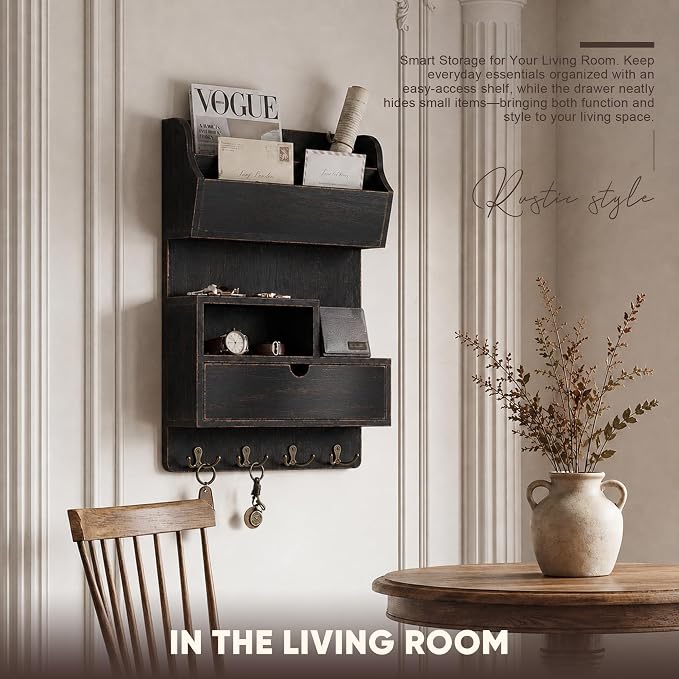 Rebee Vision Pine Wood Key Holder Wall Mount with Drawer Organizer - Farmhouse Key Holder for Wall with Mail Slot & 4 Hooks - Perfect Envelope Holder for Home Decor (Distressed Black)