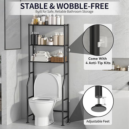 3-Tier Over The Toilet Storage, Freestanding Metal Bathroom Shelves, Space Saver Above The Over Toilet Storage Shelf for Bathroom (Black)