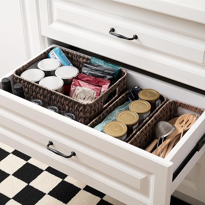 GRANNY SAYS Storage Baskets for Shelves, Waterproof Basket Set for Organizing, Toilet Wicker Basket Tank Topper, Wicker Baskets with Handles, Dark Brown, 3-Pack