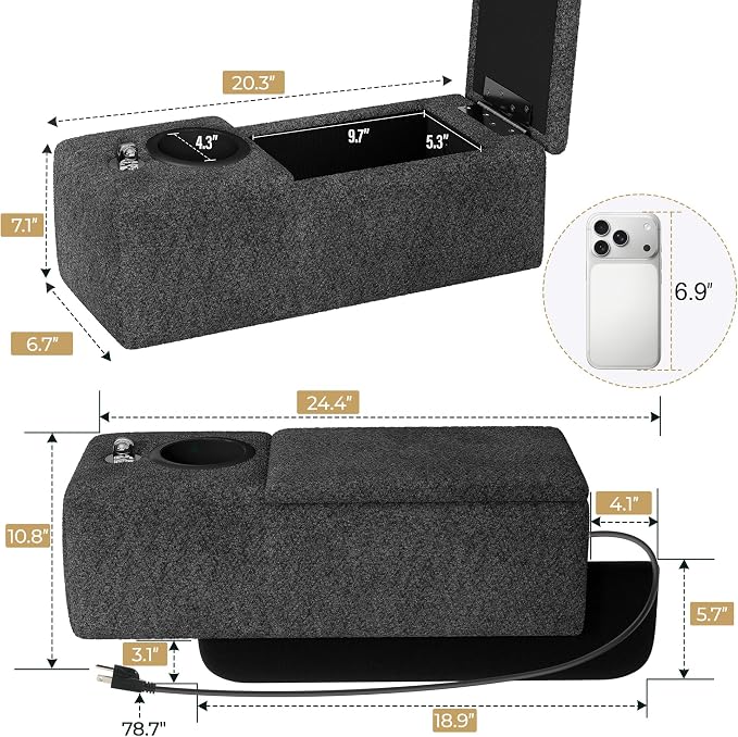 Multifunctional Couch Caddy Sofa Armrest with Couch Cup Holder, Charging Console, Phone Holder, Storage 20.3'' Removable Dark Grey Chenille Sofa Arm Rest Caddy Organizer for Sofas Couches