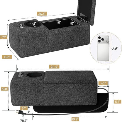 Multifunctional Couch Caddy Sofa Armrest with Couch Cup Holder, Charging Console, Phone Holder, Storage 20.3'' Removable Dark Grey Chenille Sofa Arm Rest Caddy Organizer for Sofas Couches