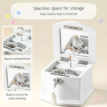Wooden Musical Jewelry Box for girls with Mirror and Key Lock, Gift for Kids on Birthdays and Holidays (Pink, Small) (White, Small)