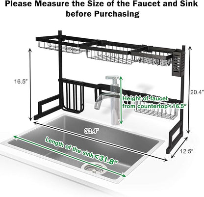 LUCKYERMORE Over The Sink Dish Drying Rack, 2 Tier Dish Drying Rack,Dish Drainer Rack for Kitchen Counter Organization and Storage,Space-Saving Dish Rack,33.4" x 12.5" x 20.4", Black